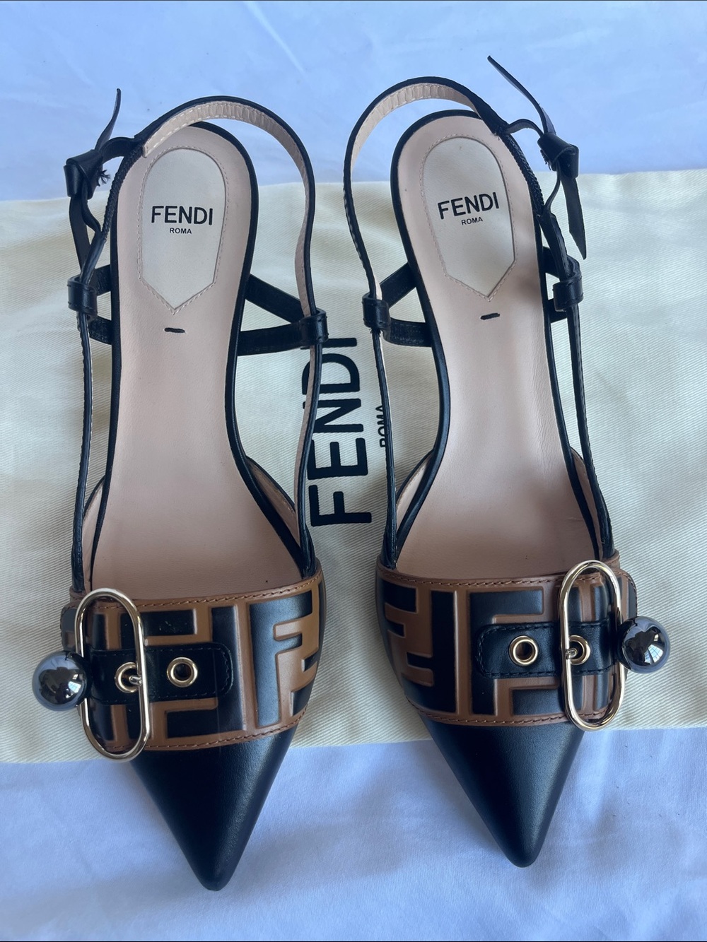 FENDI Zucca FF Logo Leather Slingback Kitten Heels Pumps 37 Black Tan Gold